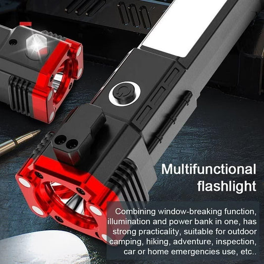 Portable Rechargeable Torch LED Flashlight – Long Distance Beam with Power Bank, Hammer, and Multifunctional Features